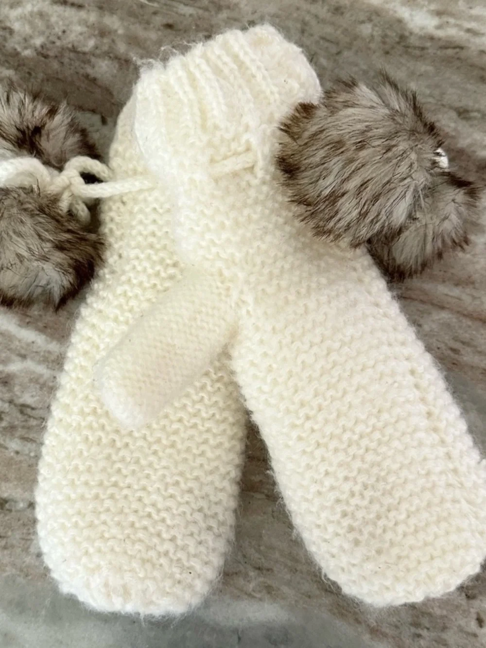 Cream Cozy Fleece Lined Knit Mittens Faux Fur Pom Poms - Winter / Cold Weather